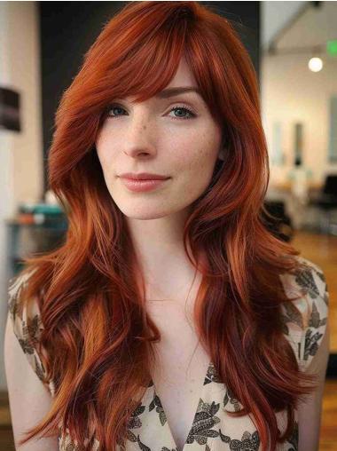 Long Auburn Wig Wavy 22" With Bangs Remy Human Hair Lace Front Wigs