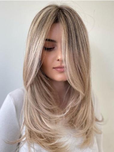 Long Blonde Human Hair Wig Monofilament Layered 20" Straight Wigs