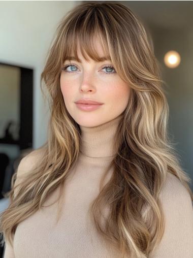 Long Blonde Wig With Bangs Monofilament Synthetic Wavy 22" Wigs