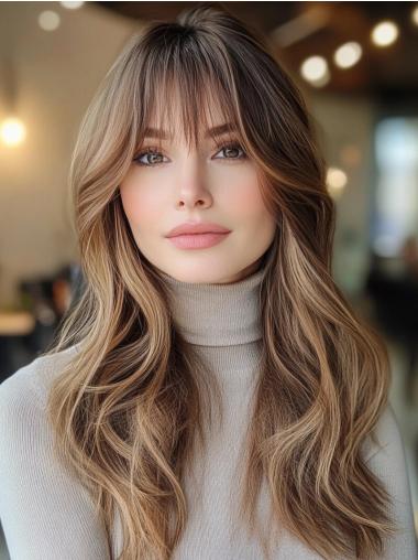 Long Blonde Wig With Bangs Lace Front Remy Human Hair Wavy 22" Wigs