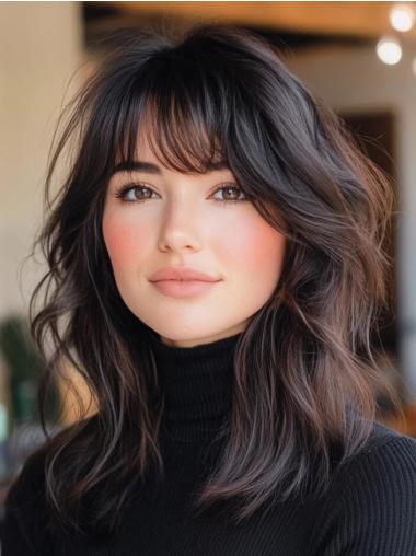 Long Black Wig With Bangs Remy Human Hair Lace Front Wavy 16" Wigs