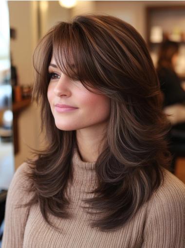 Long Straight Wigs Lace Front Layered 18" Brown Synthetic Wigs