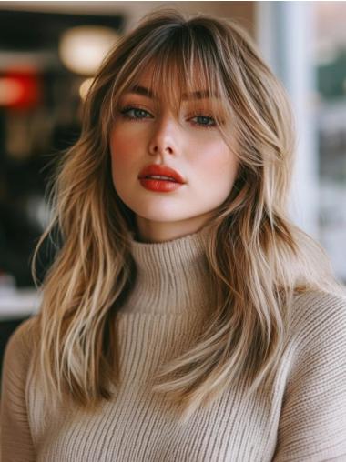 Long Blonde Human Hair Wig Lace Front With Bangs 18" Straight Wigs