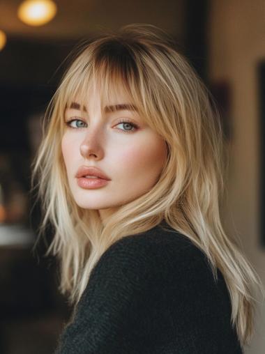 Human Hair Wigs Long With Bangs Blonde 20" Lace Front Straight Wigs