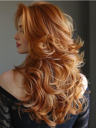 Human Hair Wigs Long Layered Copper 22" Monofilament Wavy Wigs