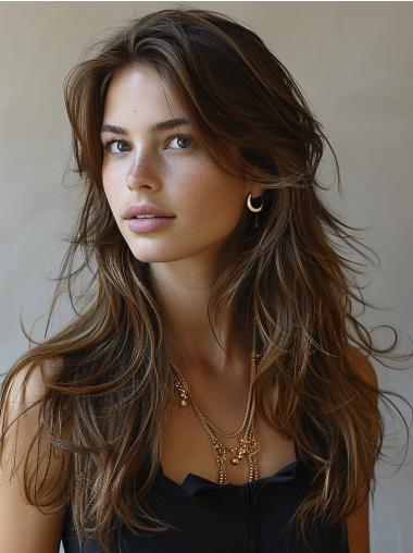 Long Straight Wigs Monofilament Layered 22" Brown Synthetic Wigs