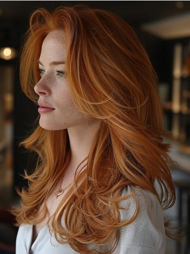 Long Wavy Human Hair Wigs Lace Front 20" Layered Copper Wigs