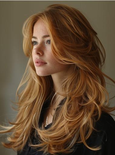 Long Wavy Human Hair Wigs Monofilament 22" Layered Blonde Wigs