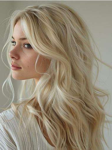 Long Length Wigs Synthetic Lace Front Platinum Blonde Without Bangs Wavy 22" Wigs