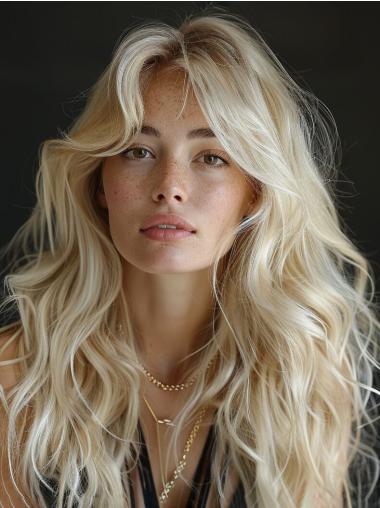 Long Wavy Human Hair Wigs Lace Front 22" Without Bangs Platinum Blonde Wigs