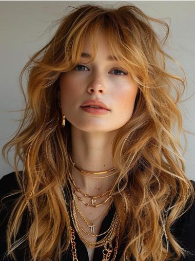 Long Wavy Human Hair Wigs Monofilament 22" Layered Copper Wigs