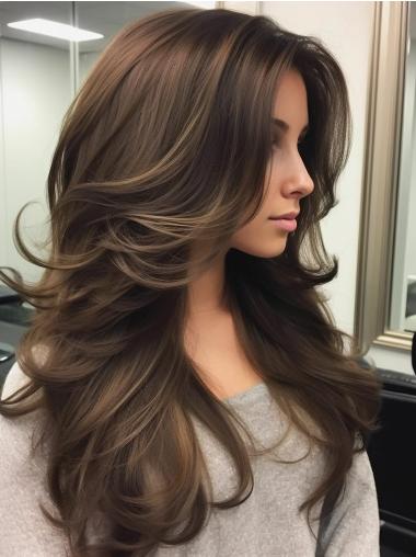 Long Straight Wigs Monofilament Layered 24" Brown Synthetic Wigs