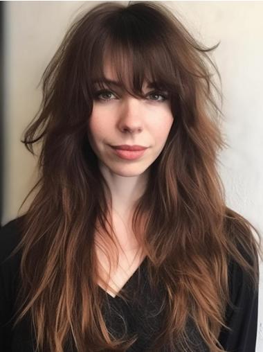 Long Straight Wig Brown With Bangs Synthetic 24" Lace Front Wigs