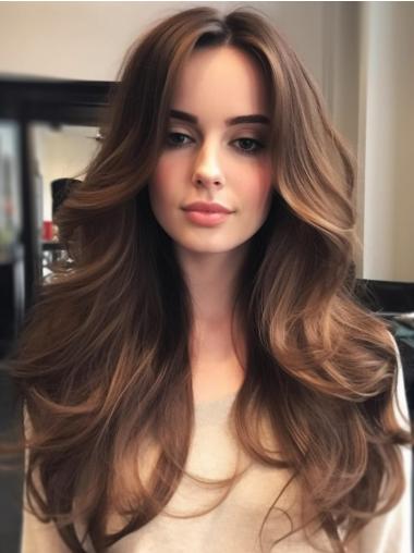Long Brown Wig Human Hair Wavy Without Bangs Lace Front 24" Wigs