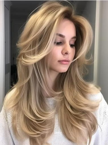 Long Blonde Wig Human Hair Layered Monofilament Straight 22" Wigs