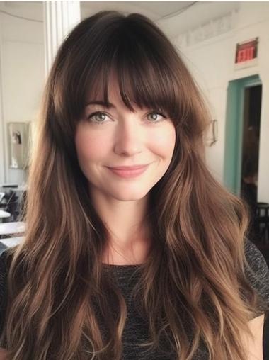Long Brown Wig Human Hair Straight With Bangs Monofilament 22" Wigs