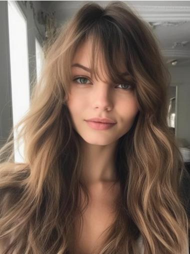 Long Brown Wig Human Hair Wavy With Bangs Monofilament 24" Wigs