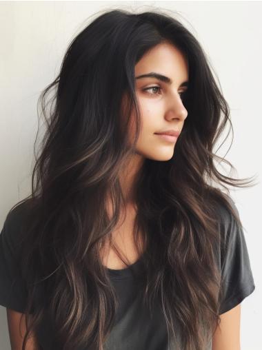 Black Long Wig 24" Without Bangs Monofilament Remy Human Hair Wavy Wigs