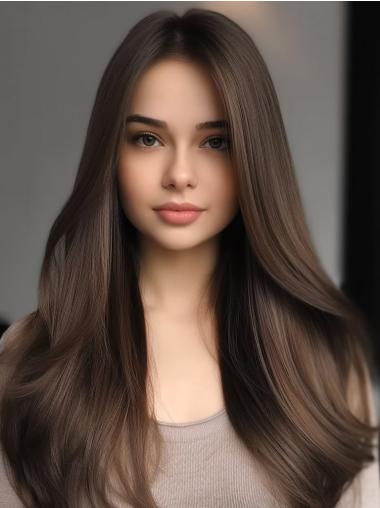 Long Lace Front Wigs 24" Synthetic Straight Without Bangs Brown Wigs