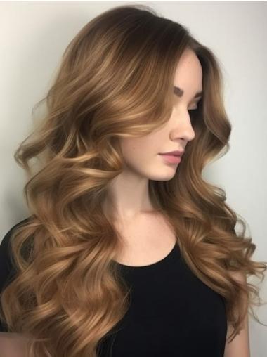 Long Blonde Wig Human Hair Without Bangs Monofilament Wavy 24" Wigs