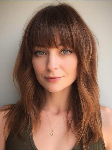 Long Lace Front Wigs 16" Remy Human Hair Straight With Bangs Brown Wigs