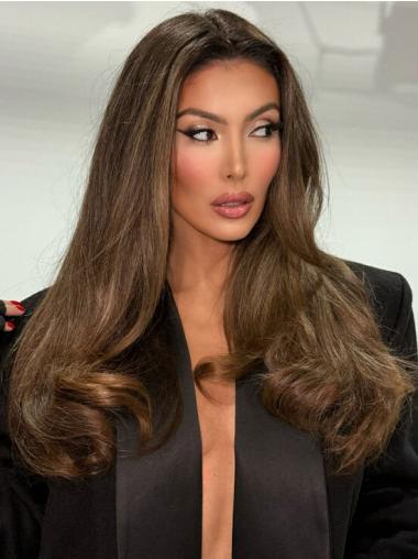 Wigs For Women Long Brown Without Bangs Wavy Remy Human Hair 22" Wigs