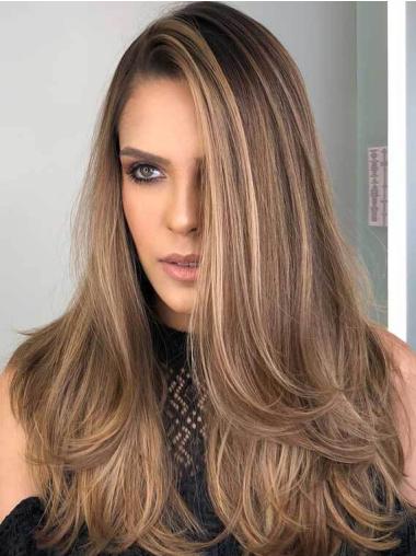 Real Long Hair Wigs Straight Without Bangs Blonde 22" Monofilament Wigs