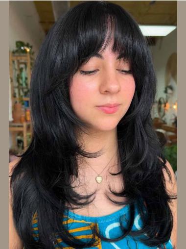 Long Black Wig With Bangs Remy Human Hair Monofilament Straight 24" Wigs