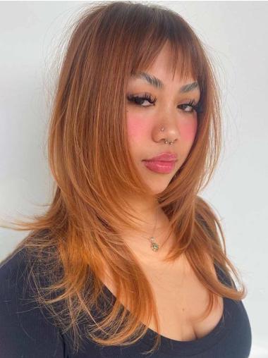 Long Lace Front Wigs 20" Remy Human Hair Straight With Bangs Copper Wigs