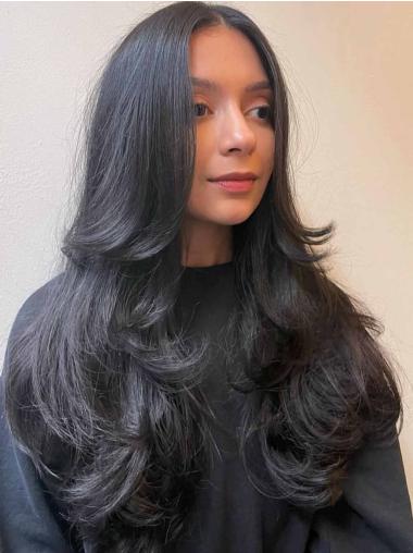 Black Long Wig 24" Layered Monofilament Synthetic Straight Wigs