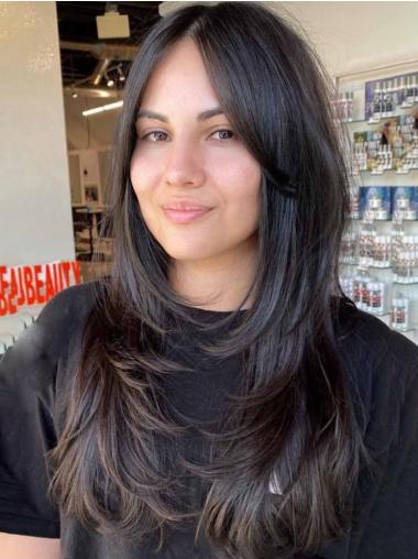 Black Wigs Long Layered Monofilament Remy Human Hair 24" Straight Wigs