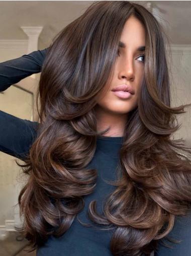 Long Brown Hair Wigs Lace Front Layered Synthetic 26" Wigs