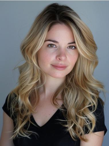 Long Wigs Real Hair Lace Front Layered 20" Blonde Wavy Wigs