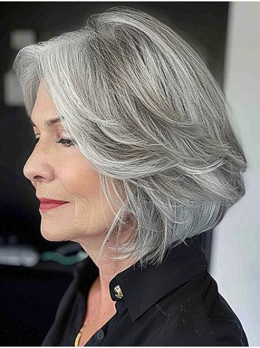 Chin Length Wavy Lace Front Grey Sythetic 12" Bobs Wig For Female