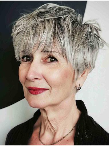 Remy Human Hair 6" Straight Lace Front Grey Short Boycuts Trend Wig For Ladies