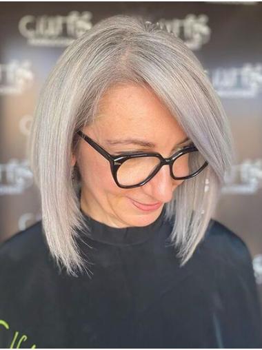 Chin Length Straight Bobs Grey Human Hair Wigs For Sale