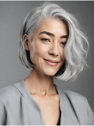 Chin Length Wavy Monofilament Grey Sythetic 10" Bobs Female Wigs