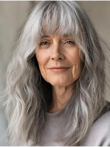 16" Wavy With Bangs Grey Wigs Long