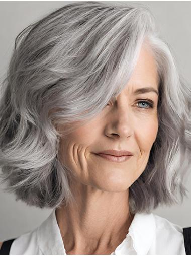 Chin Length Wavy Bobs Grey Mono Wigs