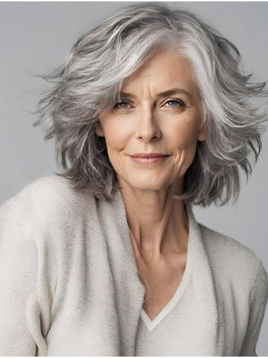 Chin Length Wavy Bobs Grey Mono Wig For Woman