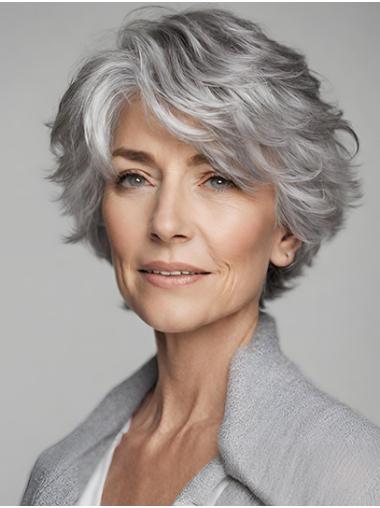 Short Wavy Bobs Grey Mono Wig For Women