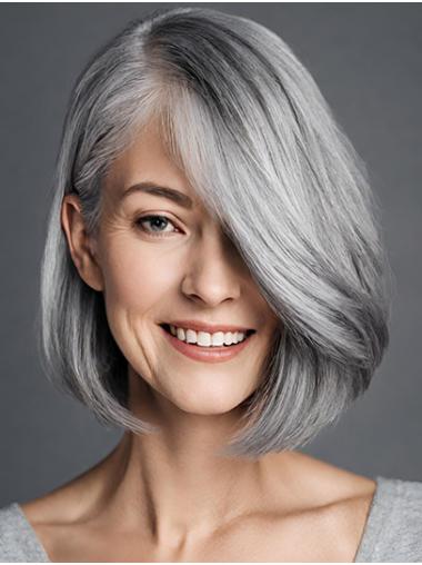 Chin Length Straight Monofilament Grey Sythetic 10" Bobs Female Wig