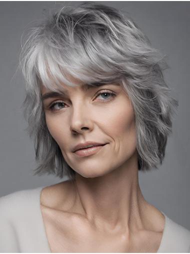 Short Wavy Bobs Grey Mono Wigs For Women