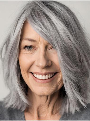 With Bangs Grey Straight Shoulder Length Wigs Monofilament Lace