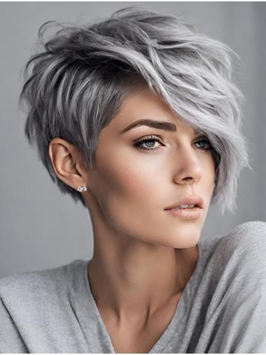 Short Wavy Bobs Grey Remy Hair Wig