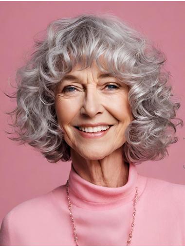 Chin Length Curly Bobs Grey Woman Mono Wig