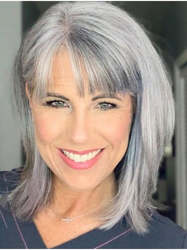 With Bangs Grey Straight Shoulder Length Wigs Online Monofilament