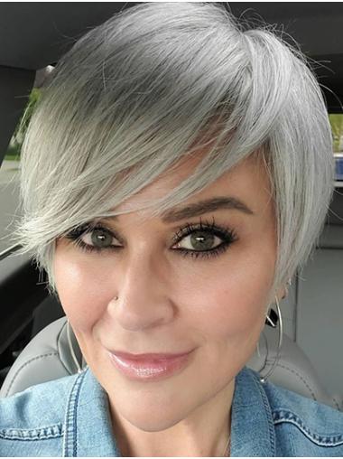 With Bangs Grey Straight Short Monofilament Wigs On Sale