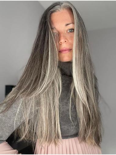 18" Straight Without Bangs Grey Sexy Long Hair