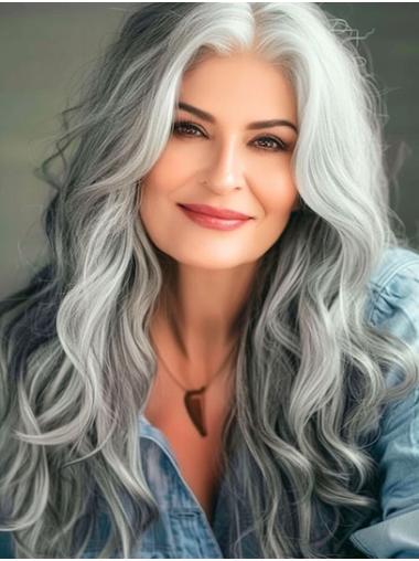 Grey Monofilament Long Wavy Synthetic Lace Wigs